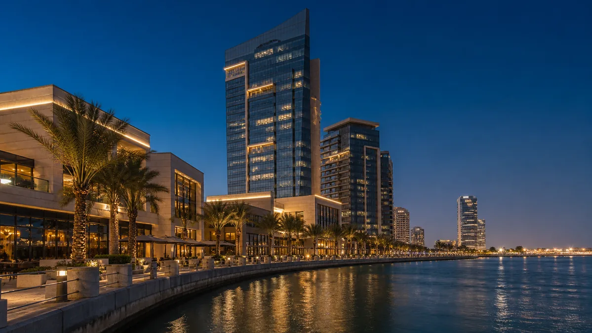 A coastal and commercial scene inspired by the city of Khobar