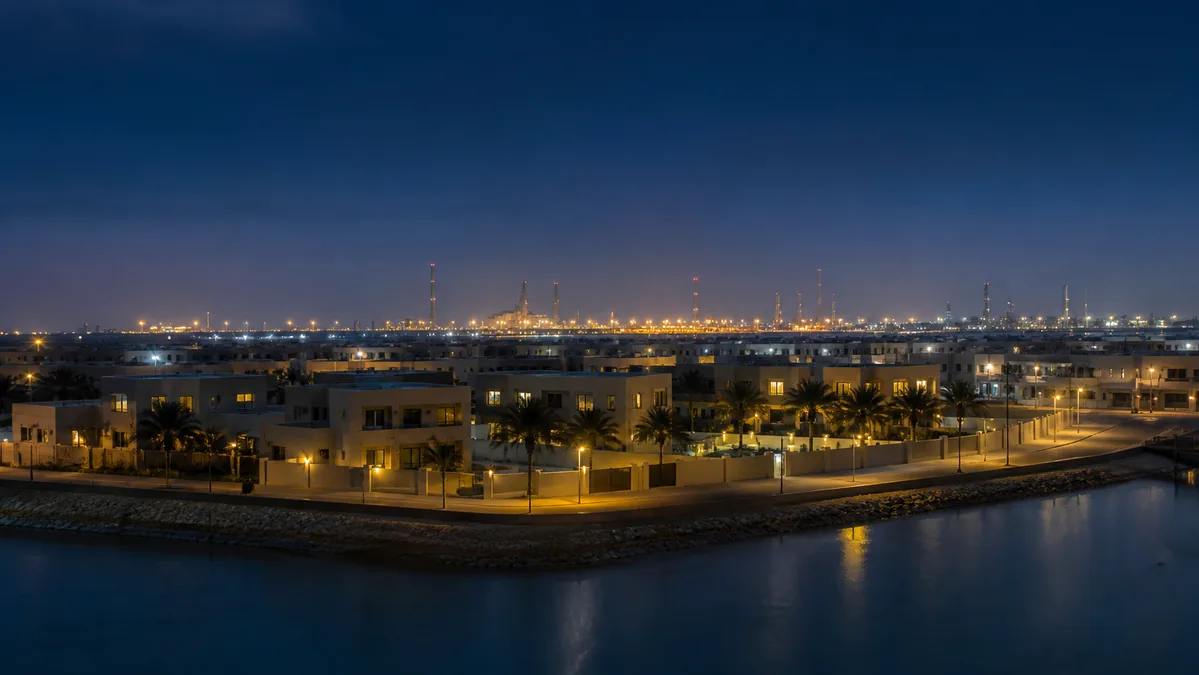 A coastal and operational scene inspired by the city of Ras Tanura