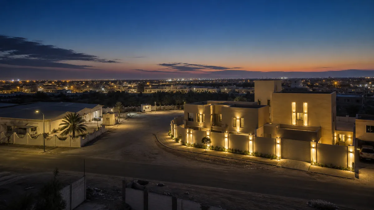 A low-rise urban and palm scene inspired by the city of Safwa