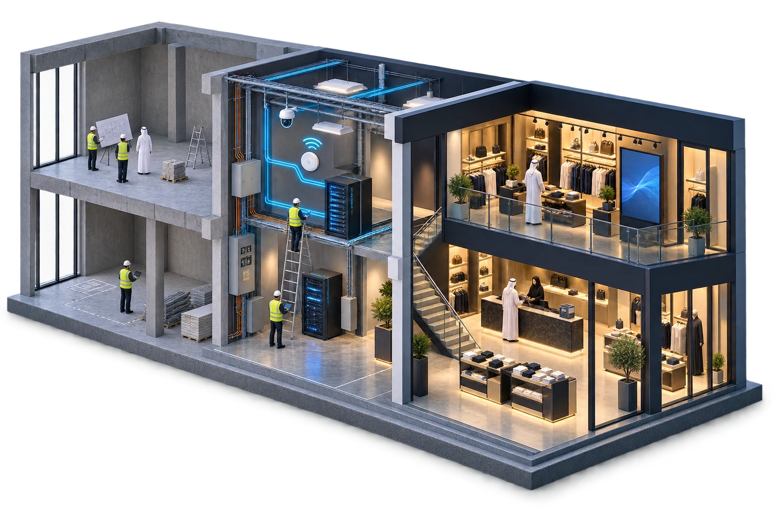 A 3D model showing a business moving from an empty site to a technology-enabled operational store